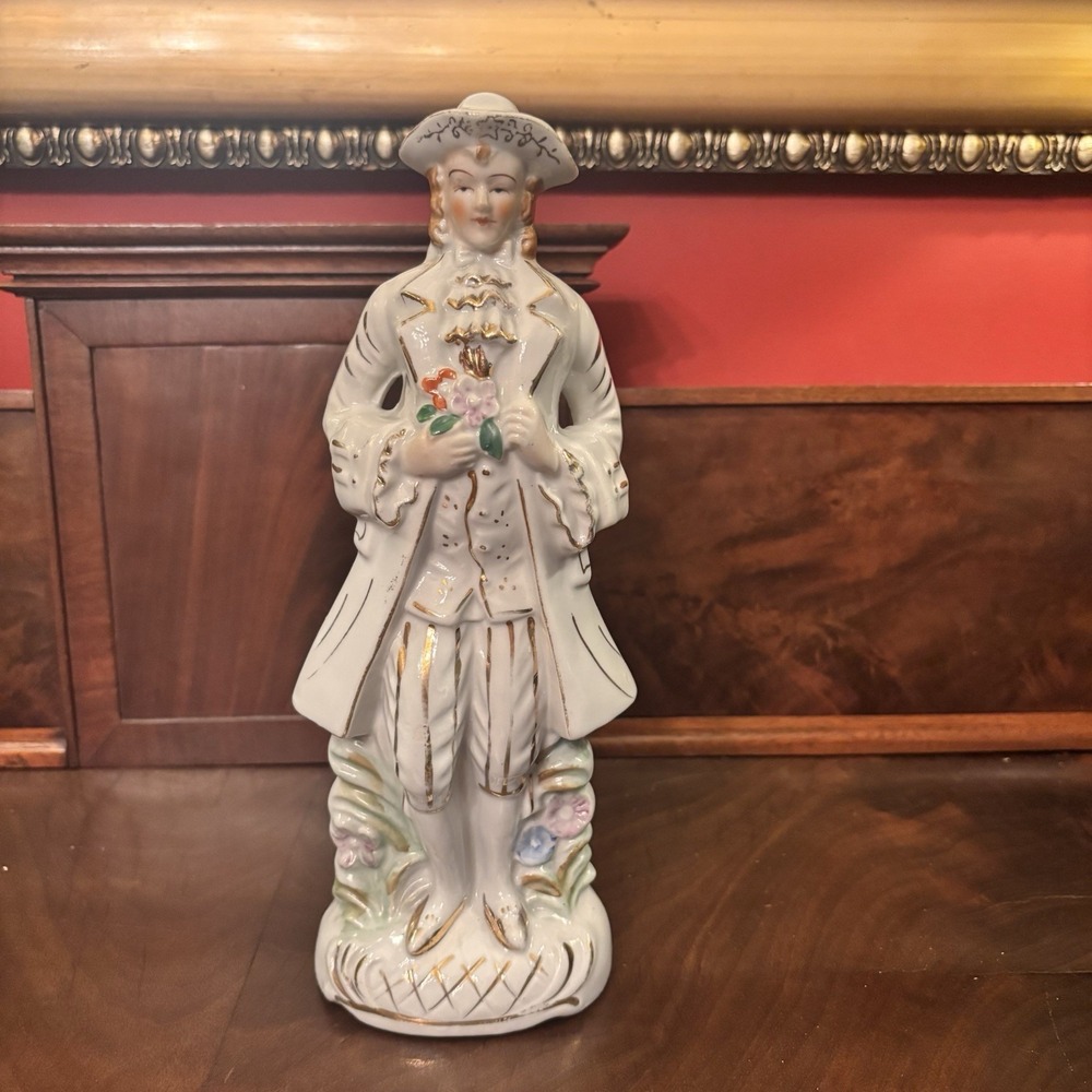 Vintage Japan Porcelain Gentleman Figurine Colonial Man Flowers Gold Trim 10.5"
